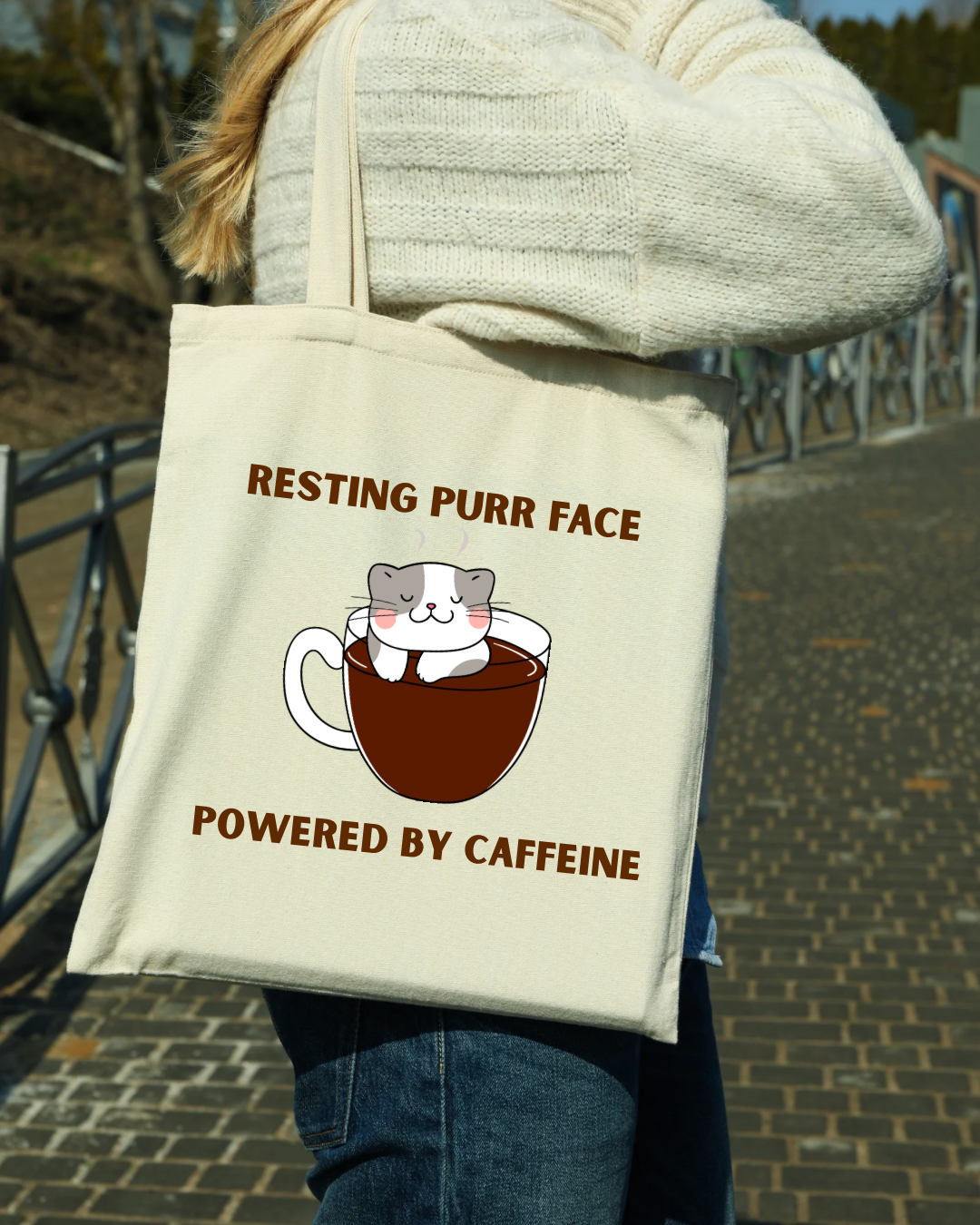 Resting Purr Face Powered by Caffeine Small Tote