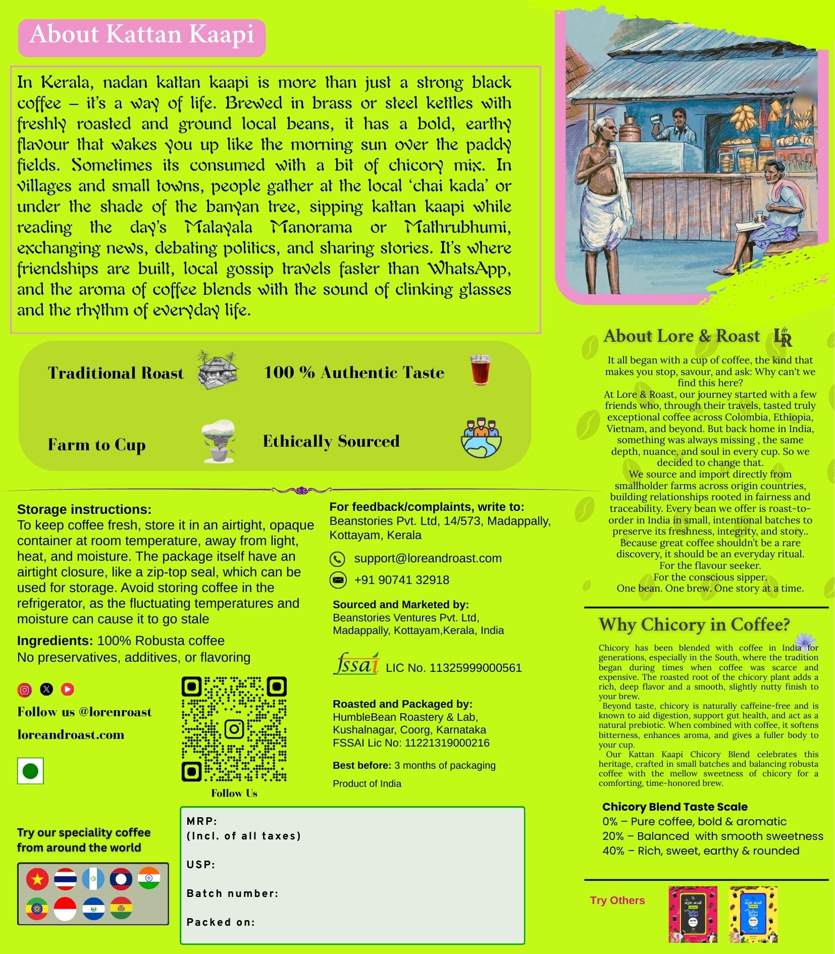 Coffee packaging with text and images of people in a village setting.