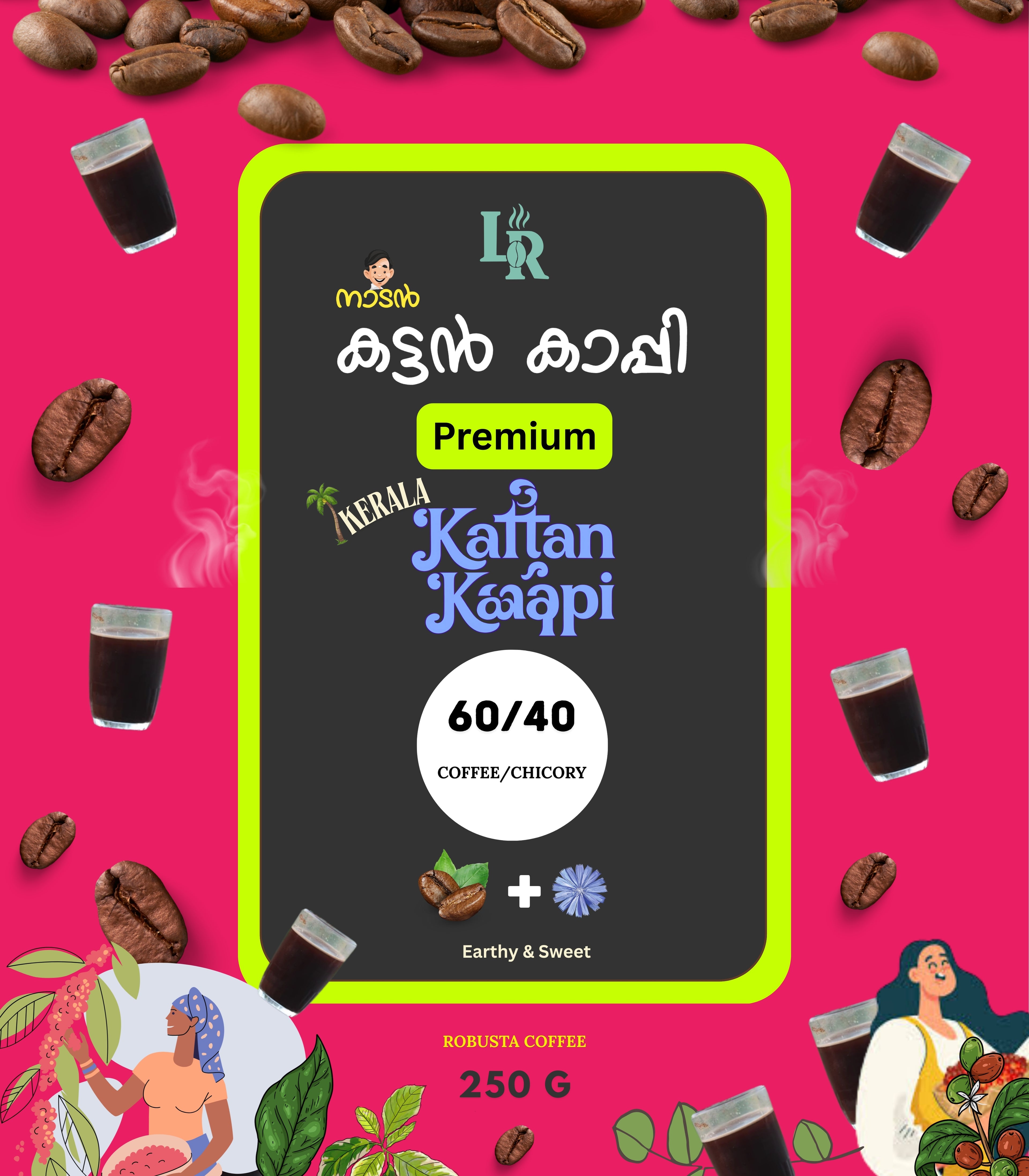 Kalan Kapi coffee package with coffee beans and cups on a pink background