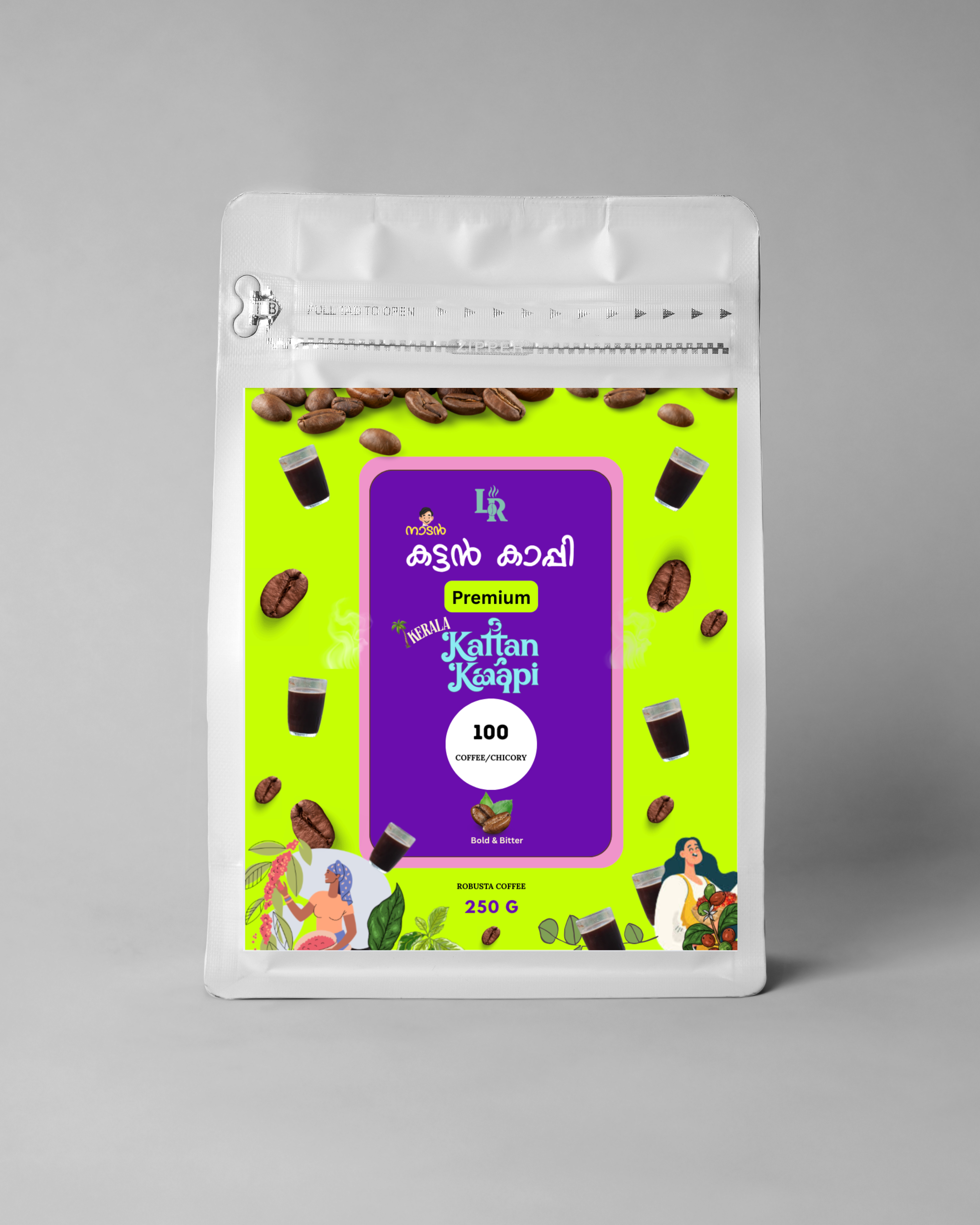 Koffin Kaapi coffee package with a colorful label on a gray background