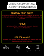 Advertisement for L&R Caffeine Overload with text on a black background