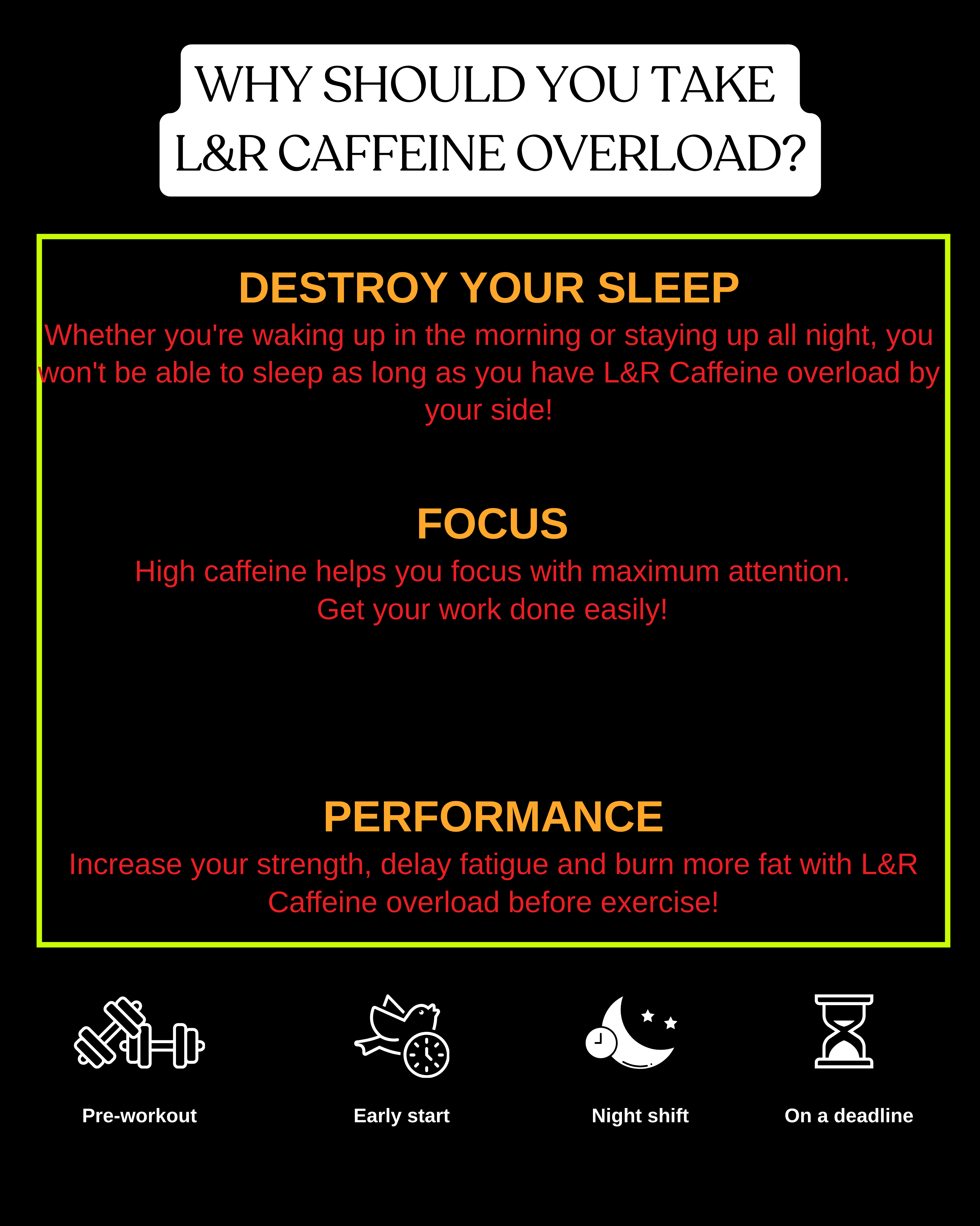 Advertisement for L&R Caffeine Overload with text on a black background